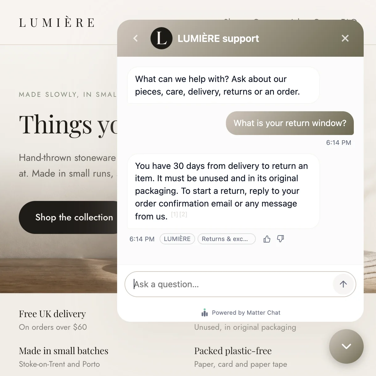 The LUMIÈRE storefront with the assistant open. Asked “What is your return window?”, it answers “You have 30 days from delivery to return an item. It must be unused and in its original packaging”, followed by two citation markers and a source chip reading “Returns & exchanges”.