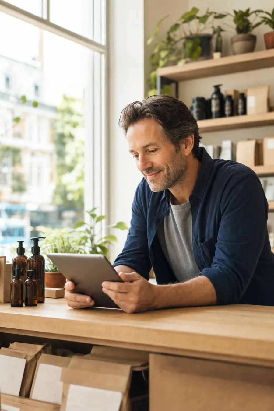 A shop owner behind a counter holding a tablet
