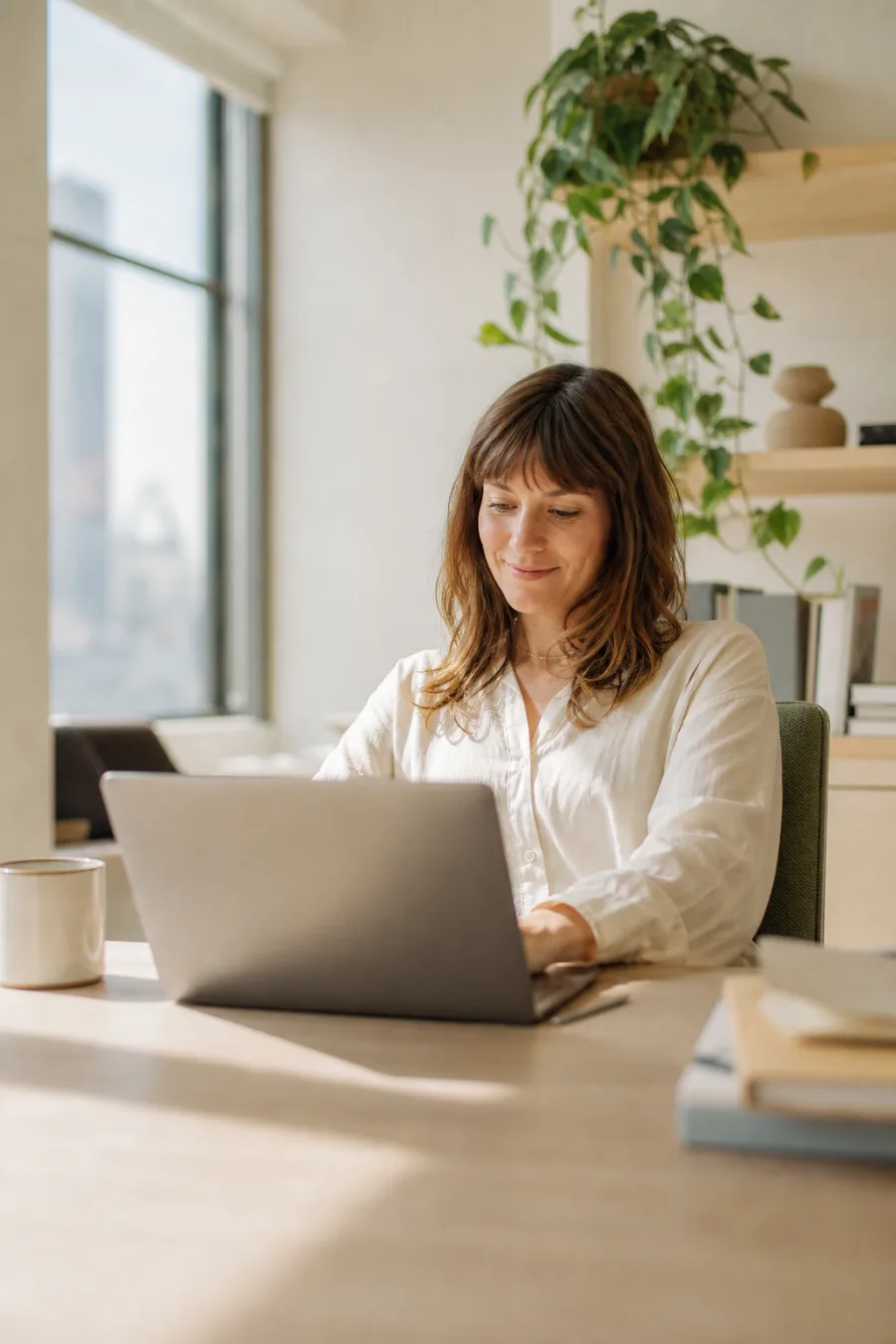 Someone reading a message at a desk in a dim office
