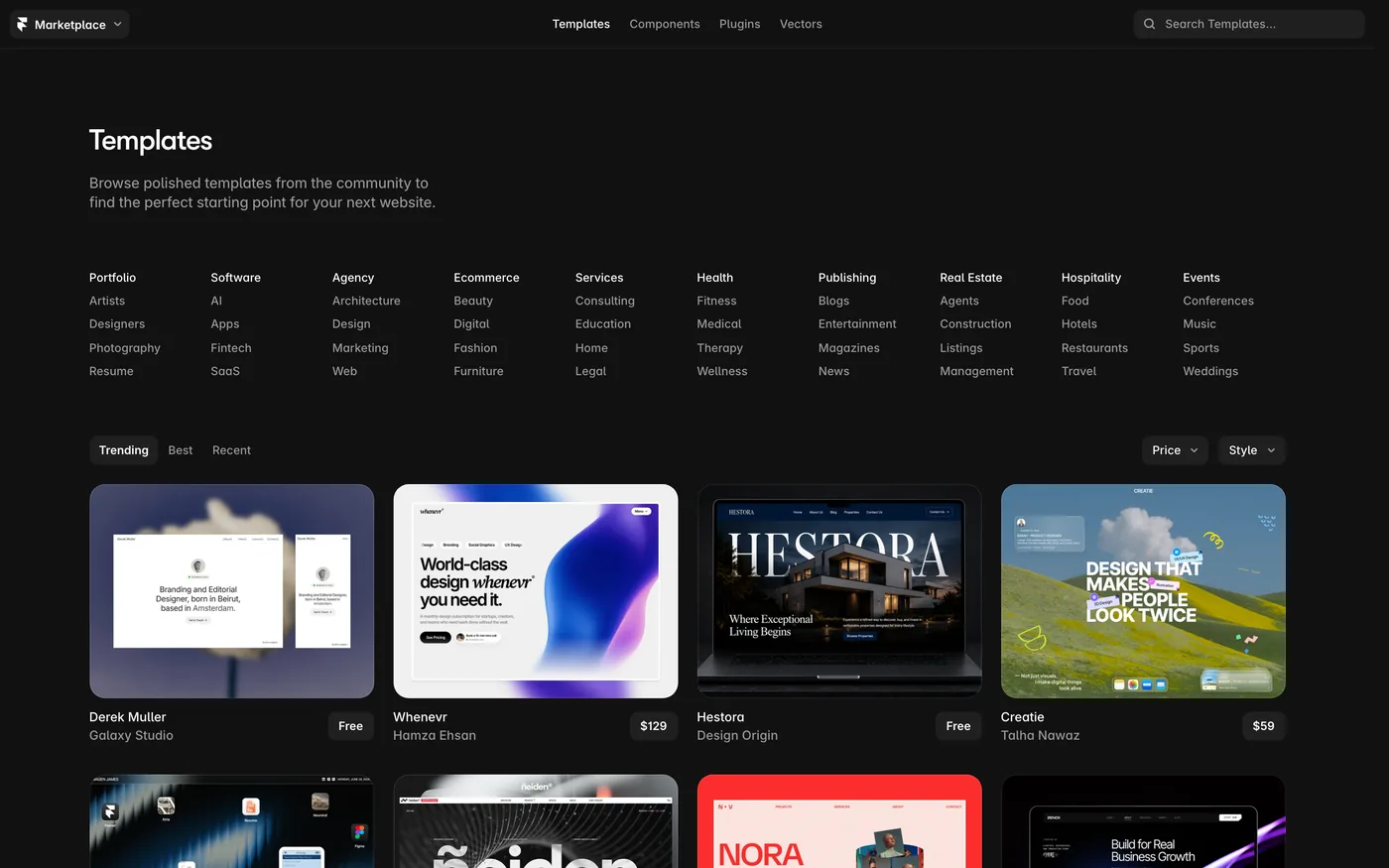 Framer's template marketplace showing a grid of portfolio, agency and product templates with creator names and prices, on a dark interface.