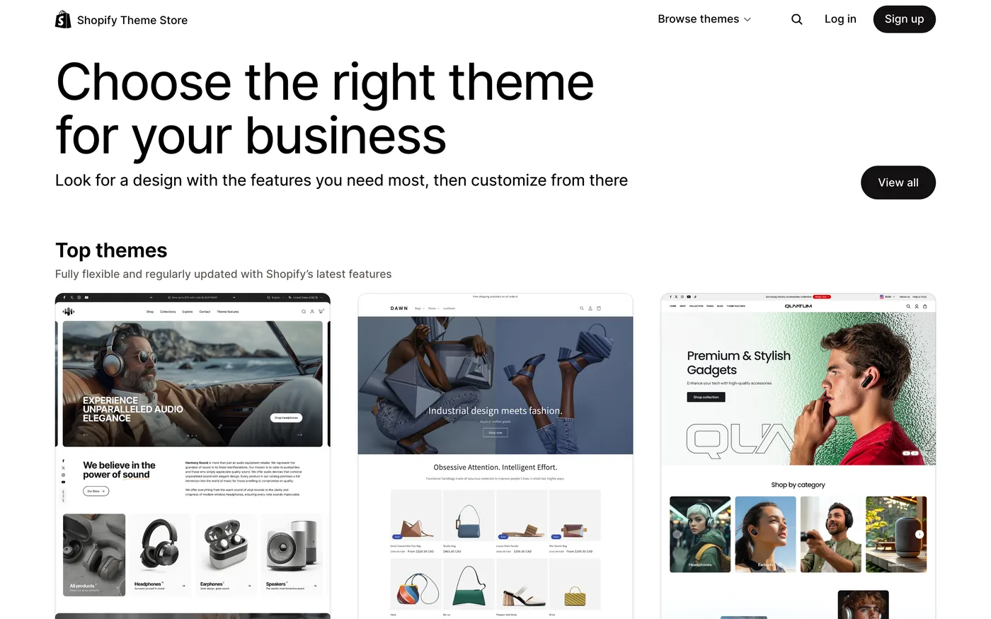 The Shopify Theme Store showing 'Choose the right theme for your business' and a row of top themes with fashion and electronics storefront previews.