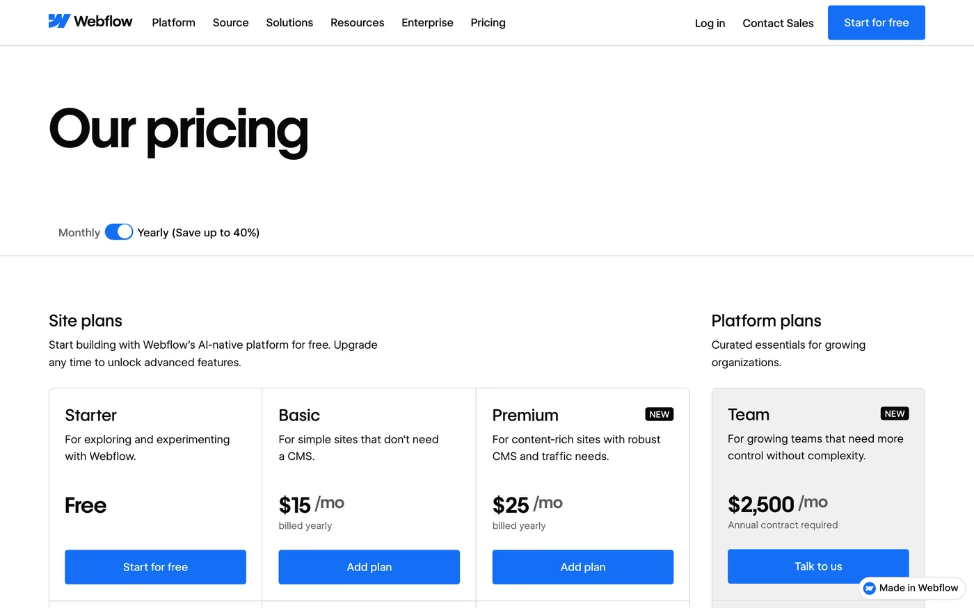Webflow's pricing page showing Site plans — Starter free, Basic $15 a month, Premium $25 a month marked new — and a Platform plan, Team, at $2,500 a month with an annual contract.