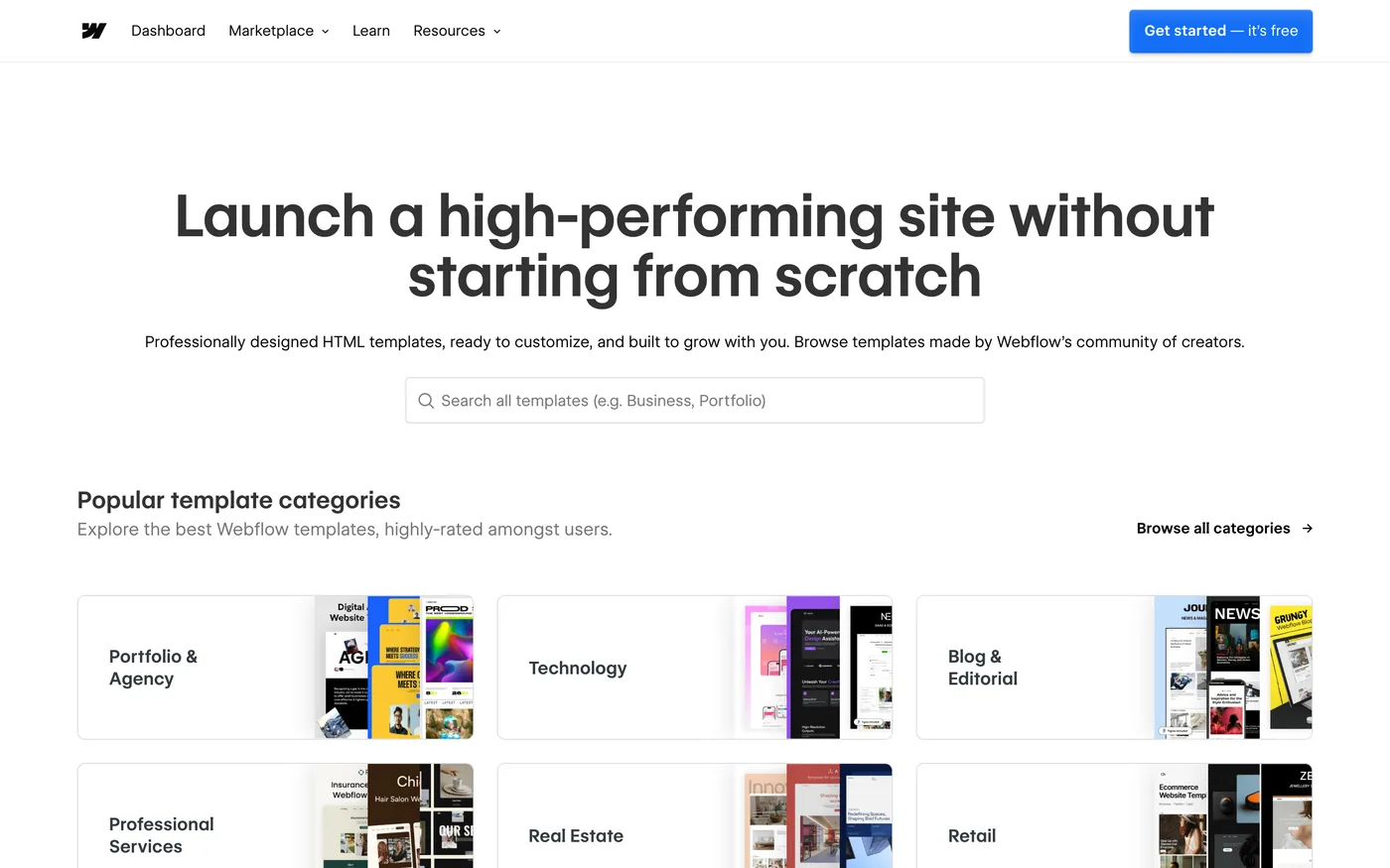 Webflow's templates page with the heading 'Launch a high-performing site without starting from scratch' and category tiles for portfolio and agency, technology, blog and editorial, professional services, real estate and retail.