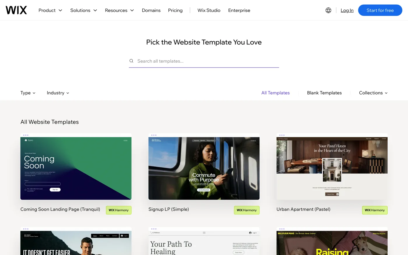Wix's template gallery with the heading 'Pick the Website Template You Love', a search box and a grid of templates.