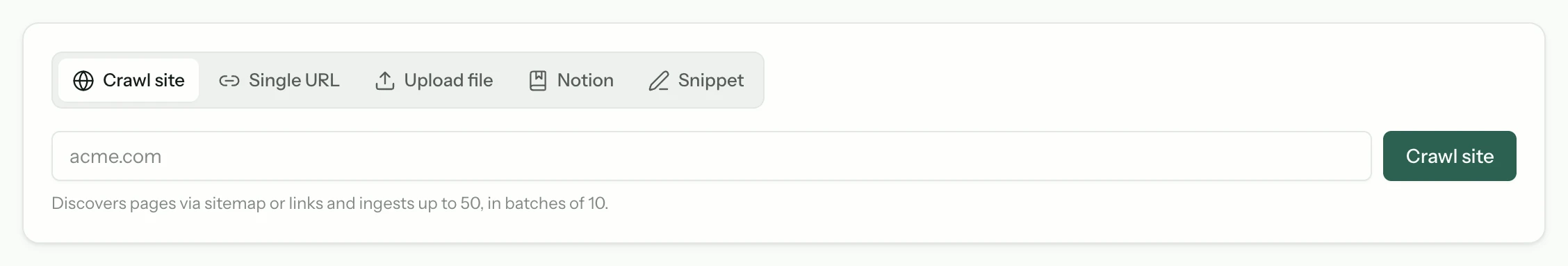 The Knowledge tab's source picker, with tabs for Crawl site, Single URL, Upload file, Notion and Snippet. The Crawl site tab is selected and shows a URL field beside a Crawl site button.