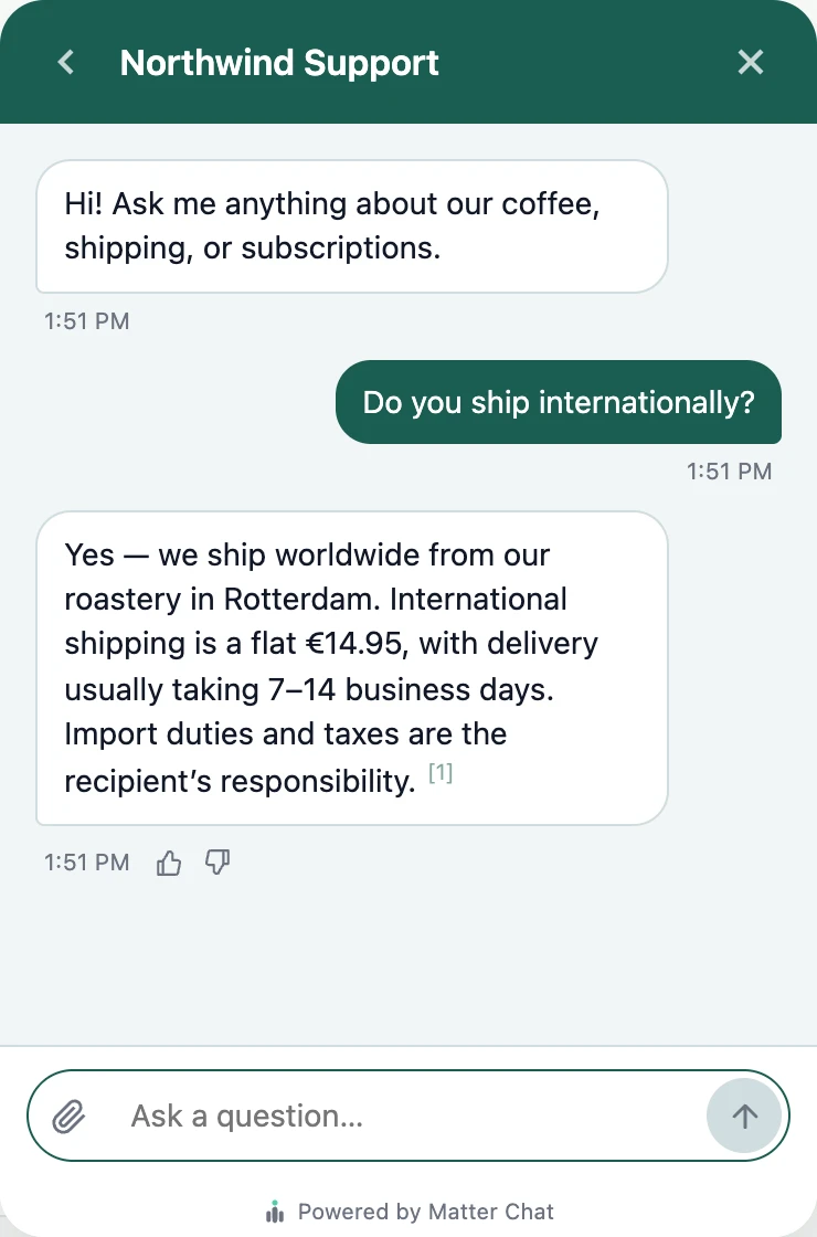 The chat widget answering the question Do you ship internationally with a specific reply about worldwide shipping, a flat rate, and delivery times, followed by a small numbered citation marker.