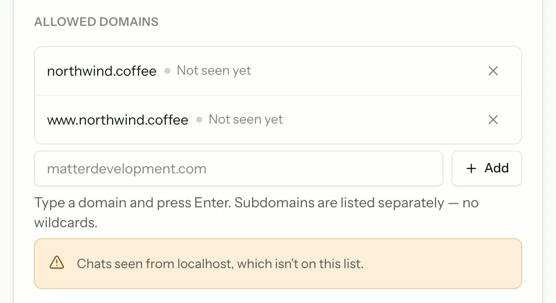 An allowed domains list restricting where the widget may run, with a warning when a chat is seen from a domain not on the list.