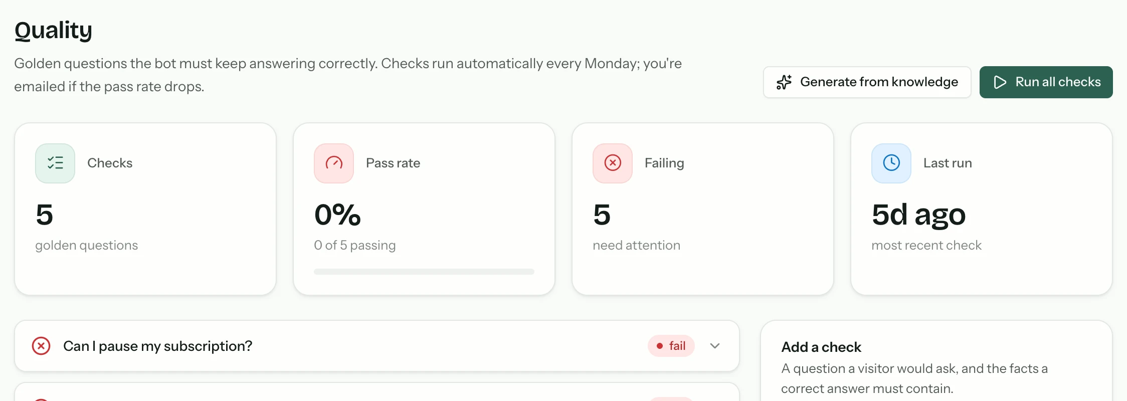 The Quality tab showing golden questions the bot must keep answering correctly, with counts for checks, pass rate, failing checks and when the last run happened, above a list of individual questions marked pass or fail.