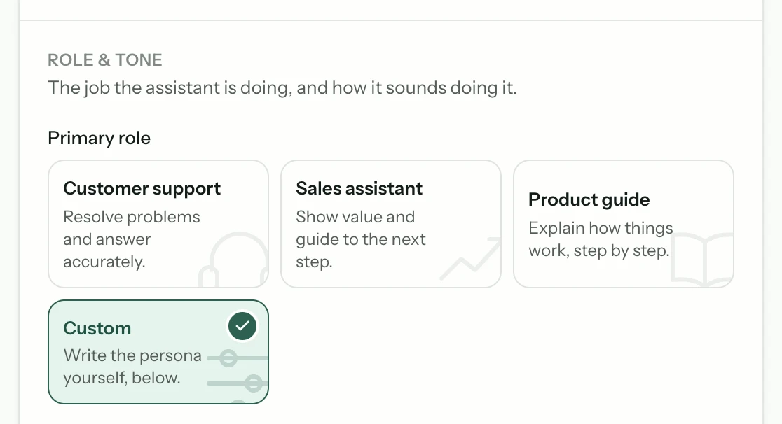 The Role and tone settings panel offering four primary roles — customer support, sales assistant, product guide, and custom — with custom selected.