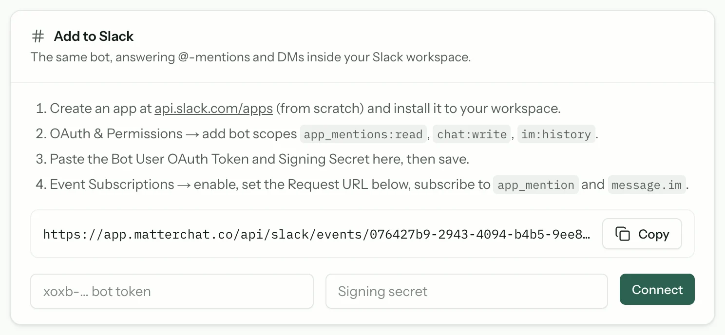The Add to Slack panel on the install page, listing the four setup steps, the per-bot request URL, and fields for a bot token and signing secret.