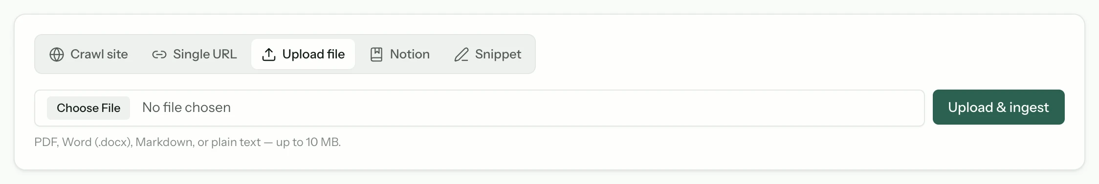 The Knowledge tab with the Upload file source type selected, showing a file drop area alongside the other source types.