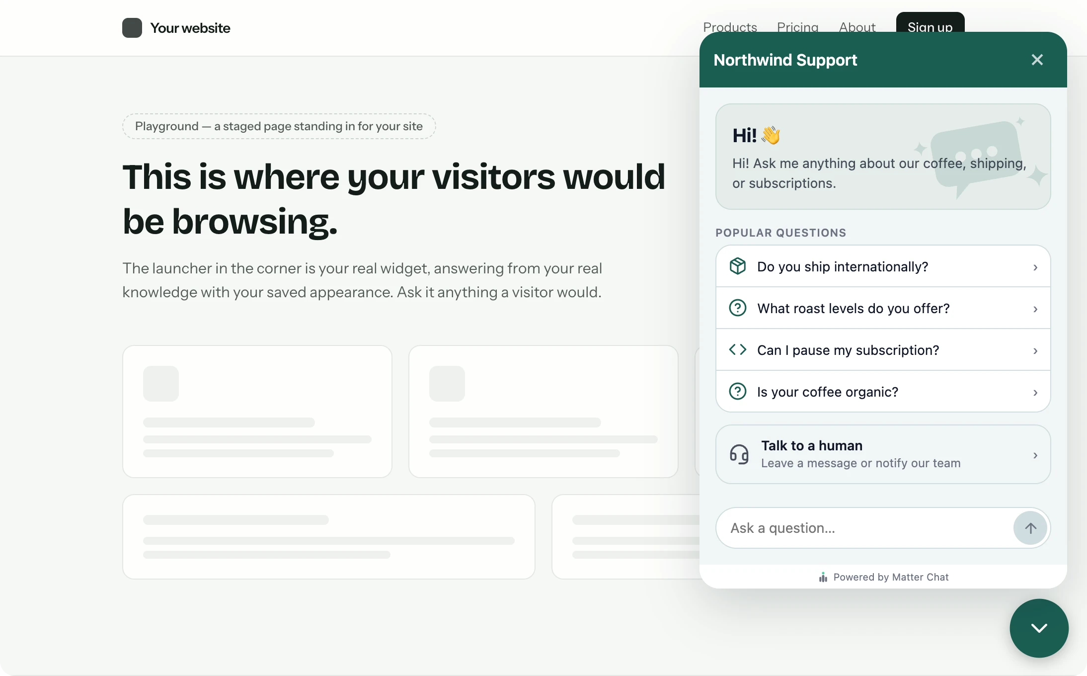 The chat widget open on a web page with a greeting and suggested questions, ready to answer a visitor.