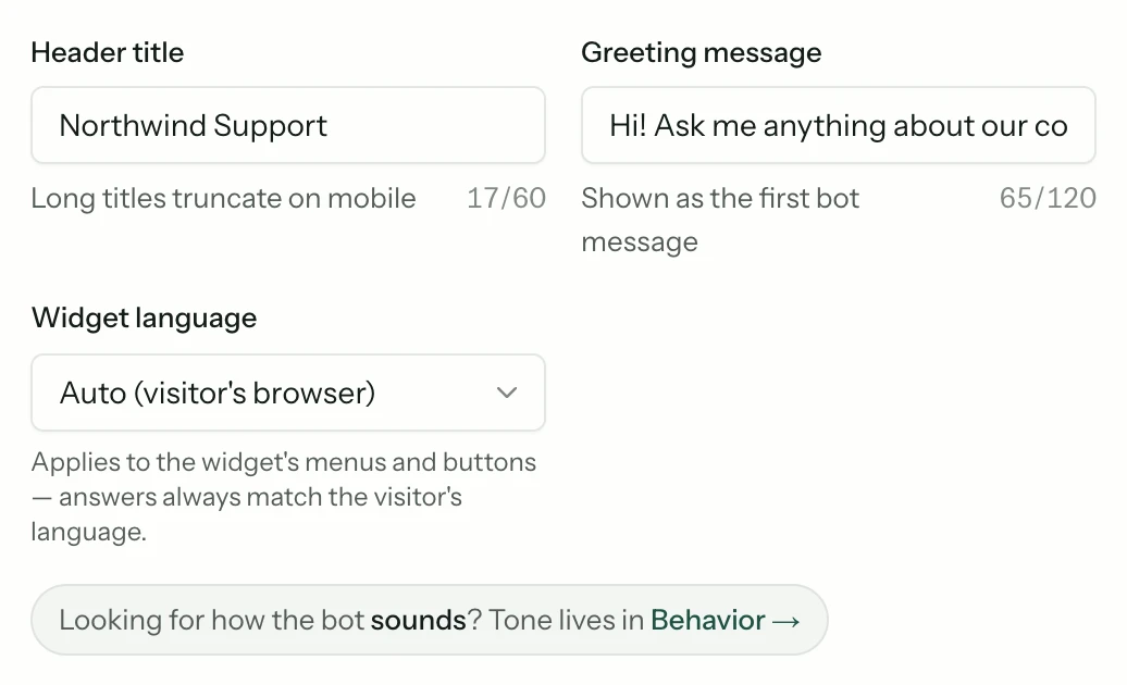 Widget voice settings with a header title, a greeting, and a language dropdown set to follow the visitor's browser, noted as governing the interface only.