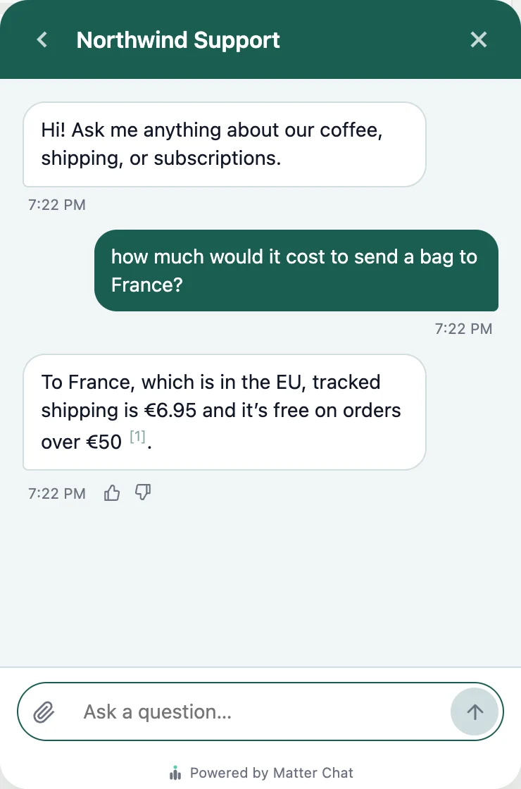 A widget conversation in which a visitor asks how much it would cost to send a bag to France, and the assistant answers with the tracked rate and a numbered citation.