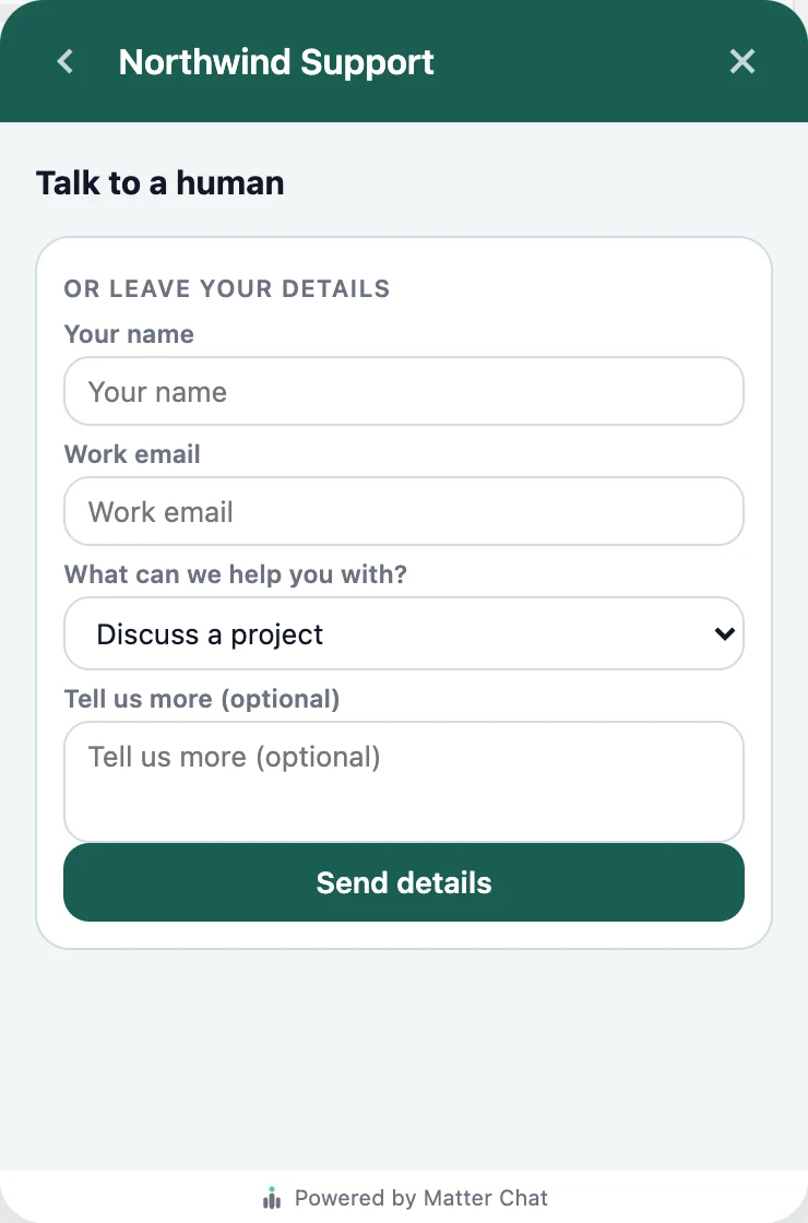The widget's talk-to-a-human panel outside office hours, offering a short form for a name, work email, topic and message rather than a live chat.