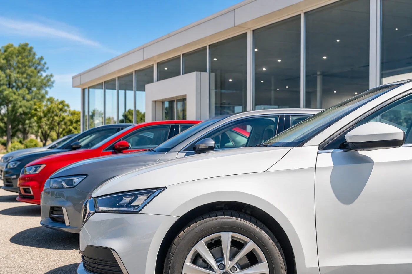 A dealership forecourt after closing, cars parked under tall floodlights on wet tarmac, the showroom dark behind.