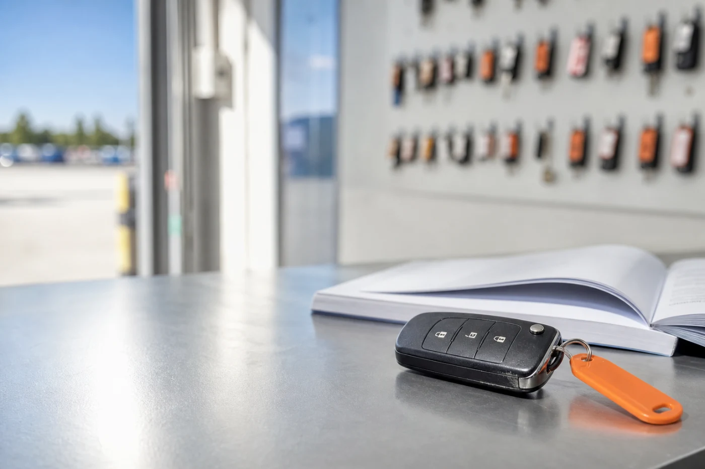 A key fob and a closed service record booklet on a workshop counter, a numbered key board soft behind.