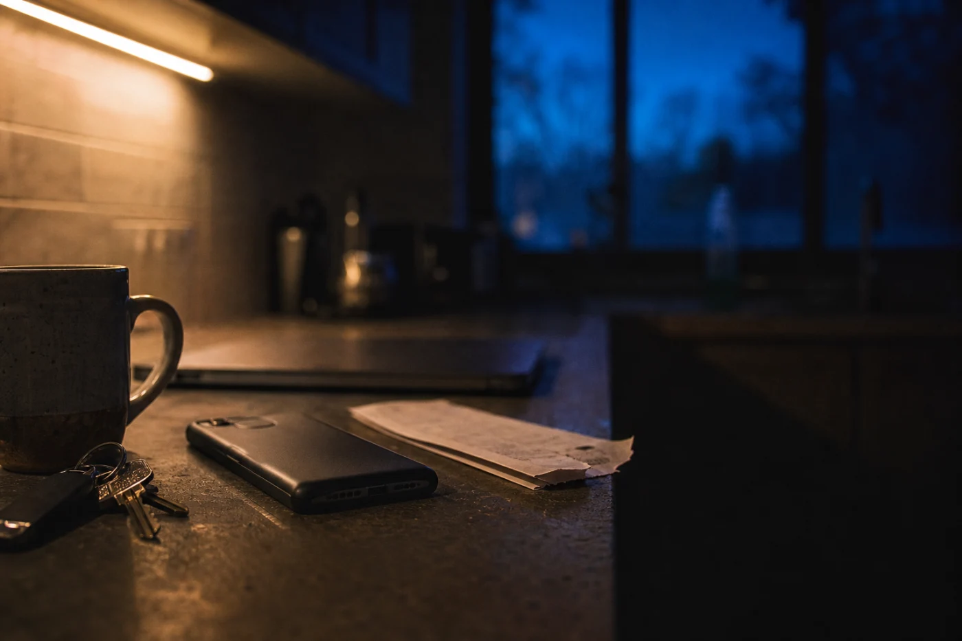 A phone face-down on a kitchen worktop beside a mug and keys, next to a folded delivery slip, late in the evening.