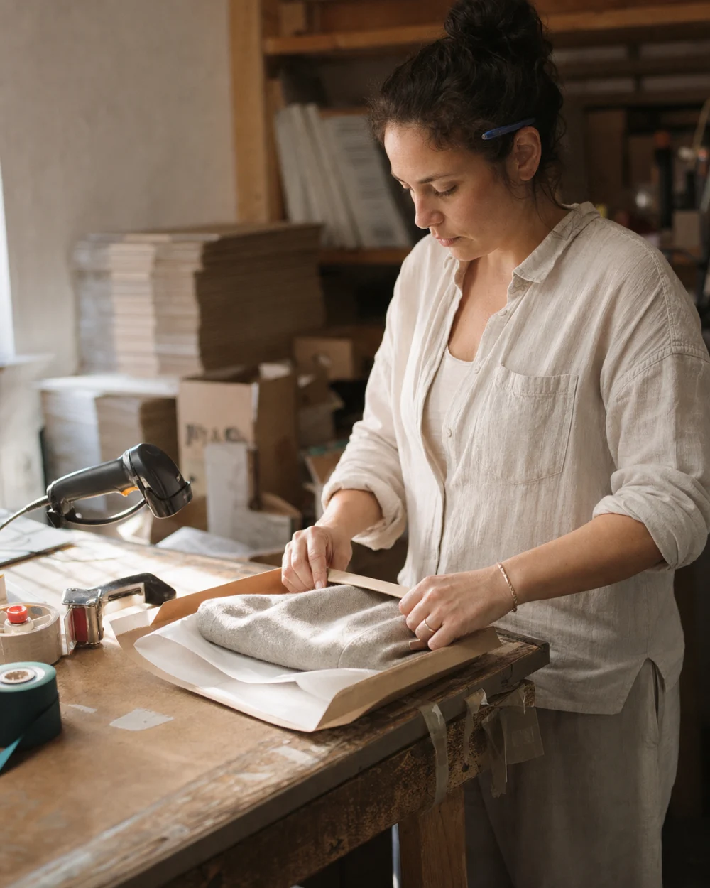 A woman folding a garment into a mailer at the packing bench of a small online shop.