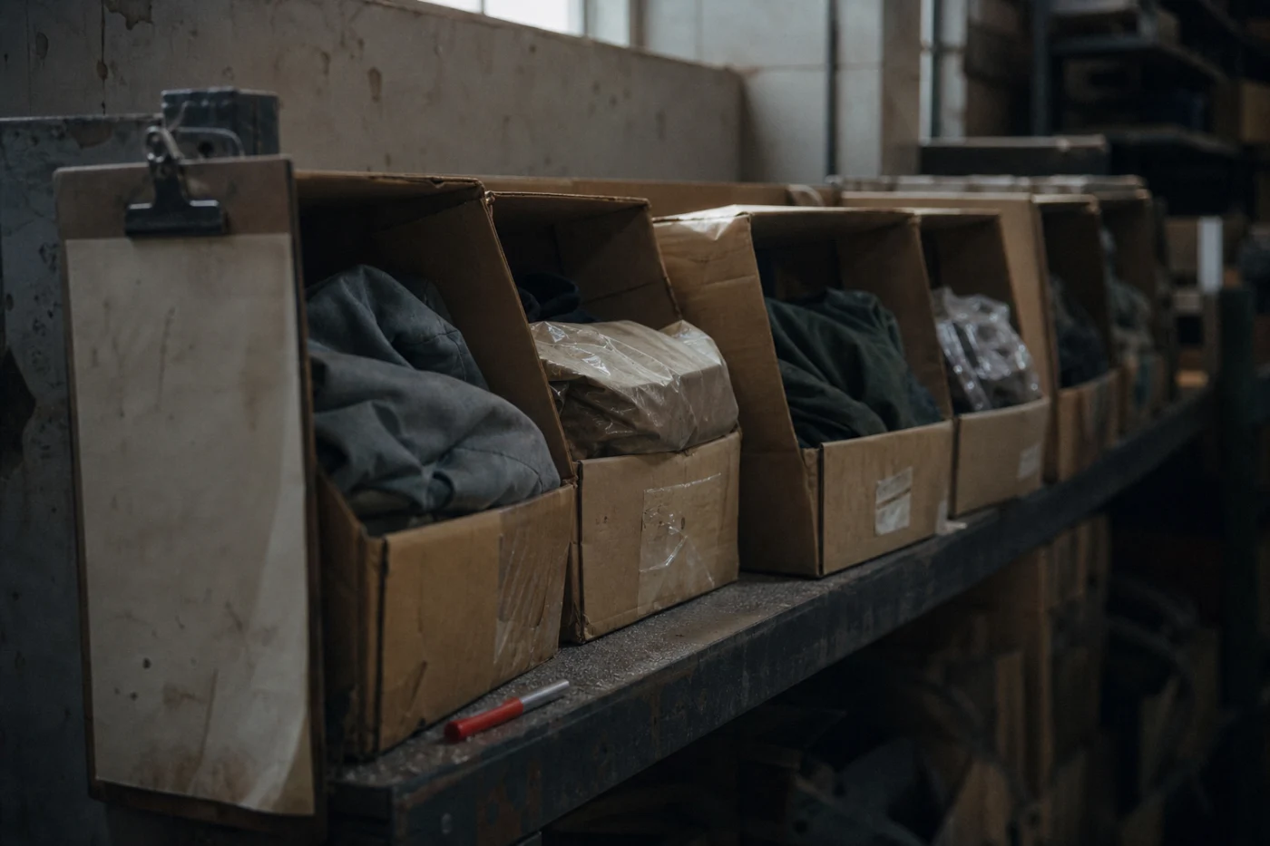 A returns shelf in the back of a small retail business, open boxes on industrial shelving with a clipboard on a nail.