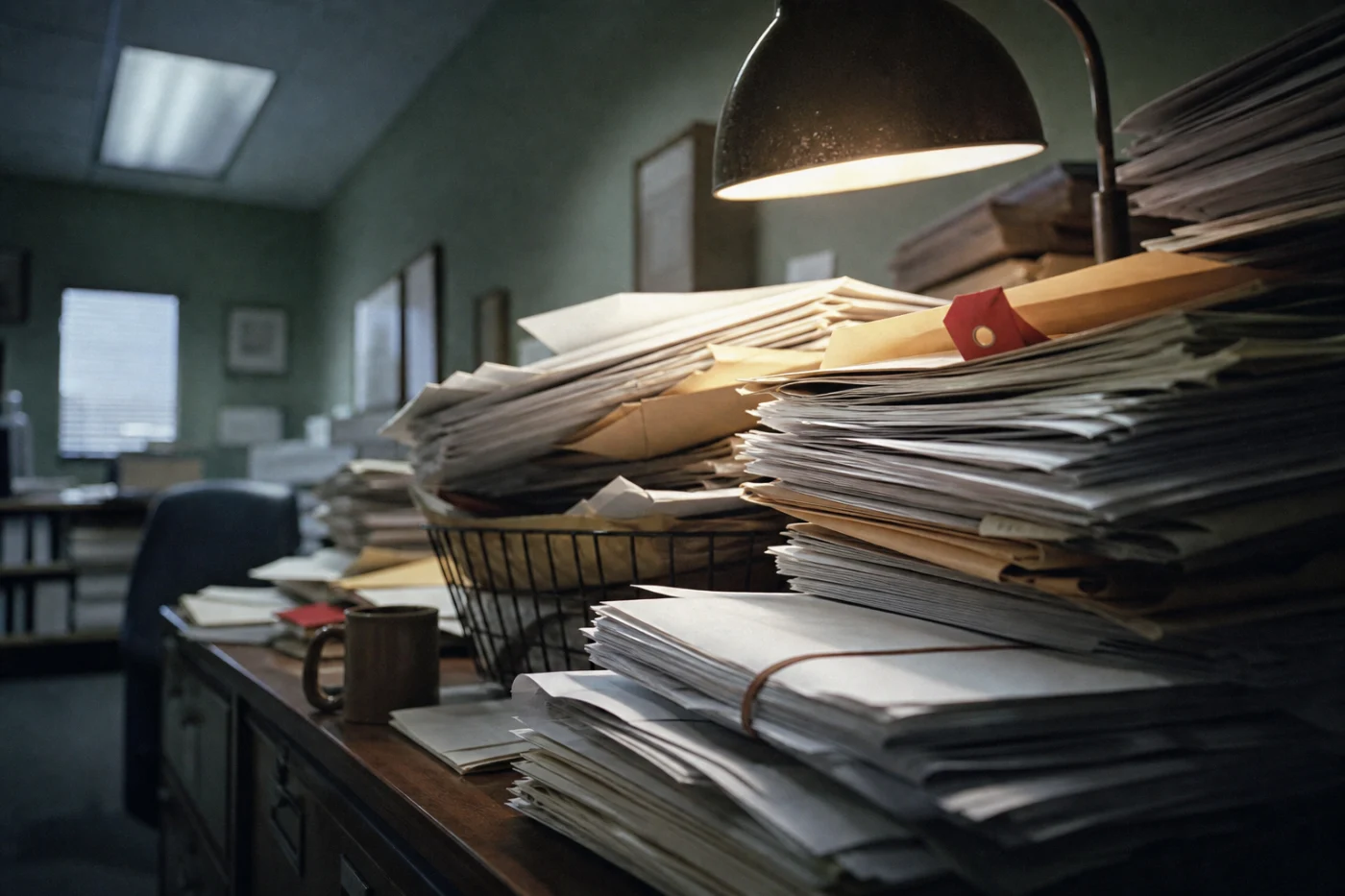 An admissions desk at the end of the day, buried under leaning stacks of printed application packs.