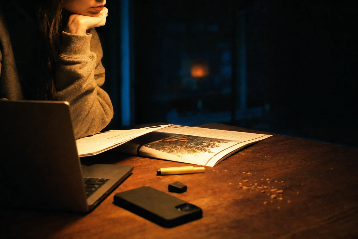 A prospective student reading a prospectus at a kitchen table late in the evening, laptop open beside it.