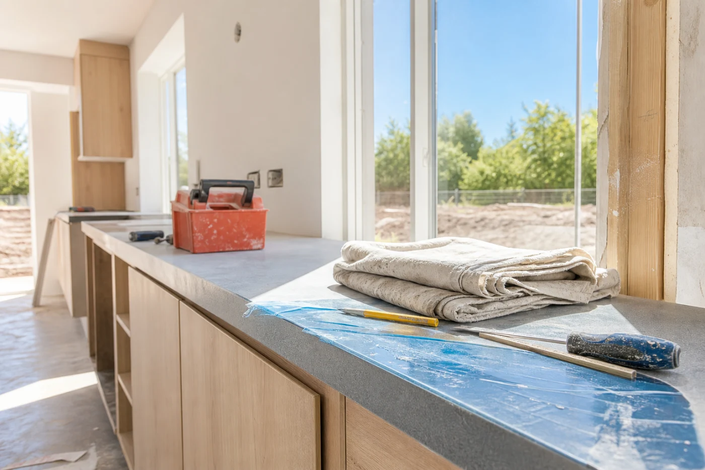 A kitchen part way through a renovation on a quiet day, units in place but doors unhung, tools set down and still.