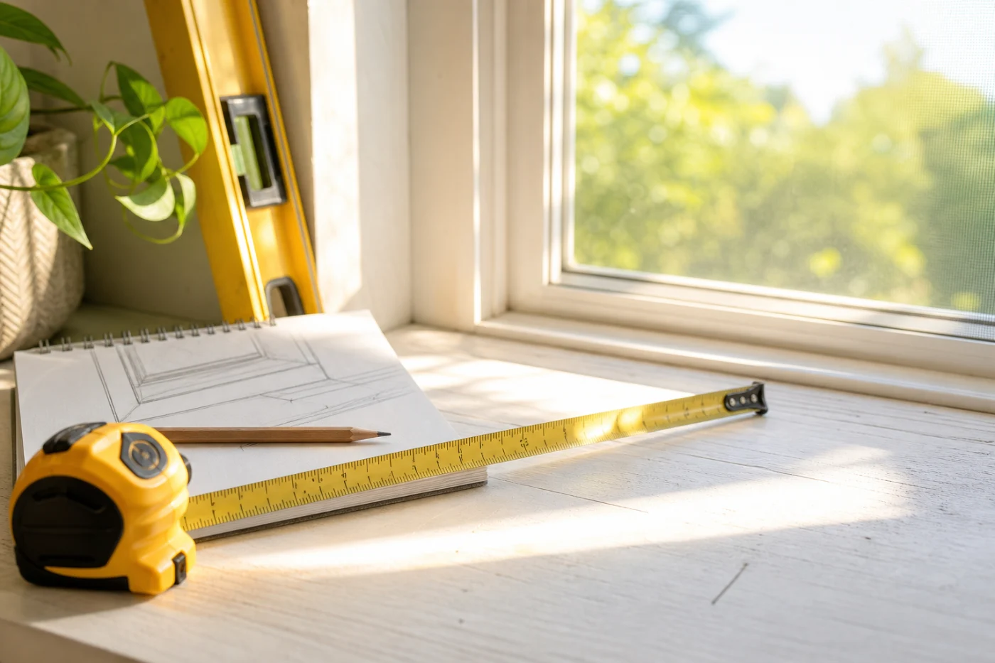 A tape measure extended across a windowsill beside a notepad sketch, a pencil and a spirit level leaning against the reveal.