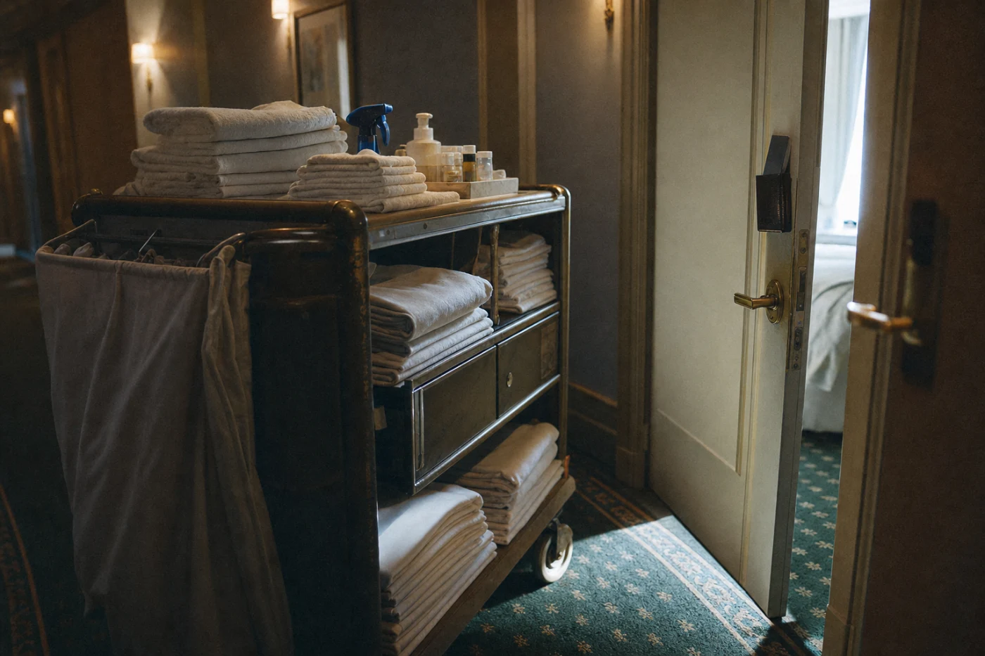 A housekeeping trolley stacked with folded linen parked beside a part-open room door in a hotel corridor.