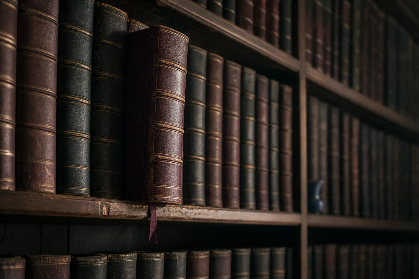 A wall of bound legal volumes with worn gilt banding, one pulled slightly proud of the row with a ribbon marker hanging from it.