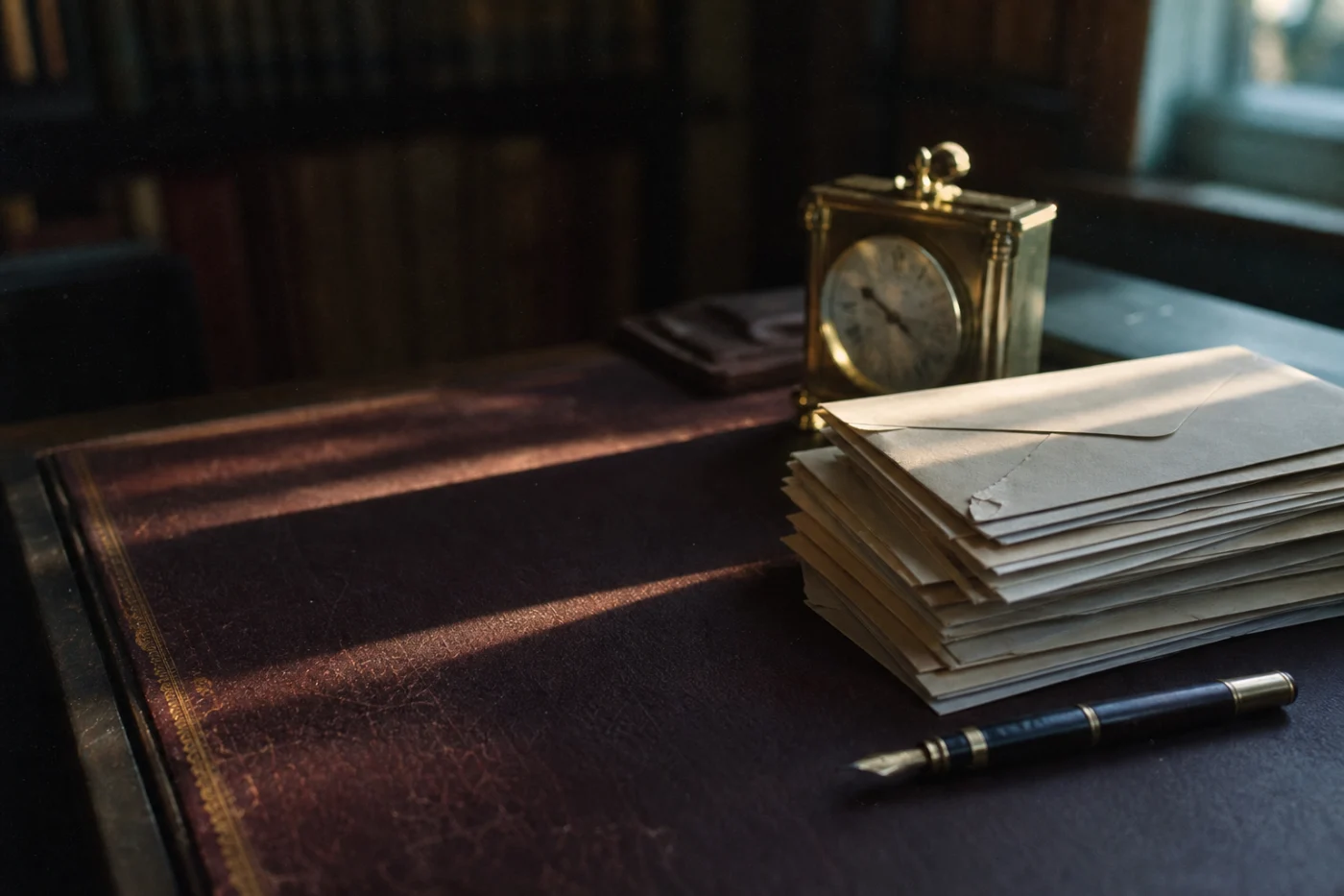 A solicitor's desk before the day starts: a leather blotter, a squared stack of unopened enquiry letters and a brass clock.