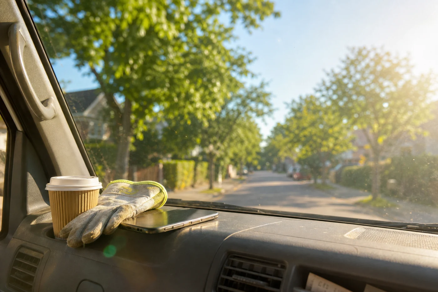 A phone with a dark screen wedged on a van dashboard beside a rolled work glove, a residential street soft through the windscreen.