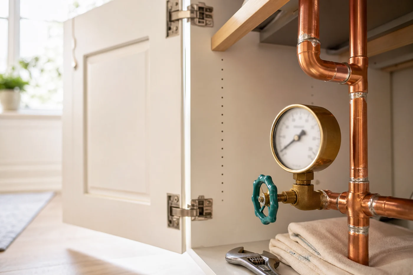 Copper pipework and a pressure gauge under a kitchen sink, a spanner resting against the trap in the beam of a laid-down torch.
