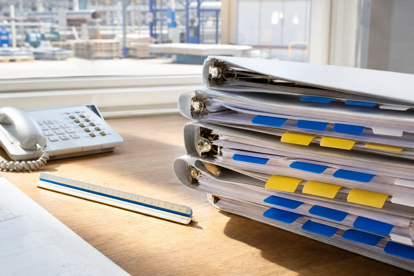 A leaning stack of ring-bound specification folders with protruding index tabs beside a desk phone, at the edge of a factory floor.