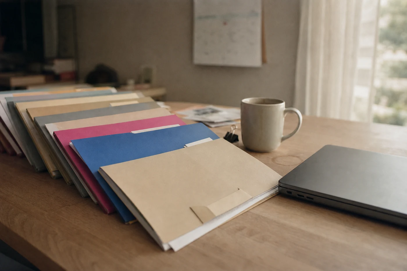 A fanned row of coloured client project folders beside a closed laptop on an agency desk between projects.