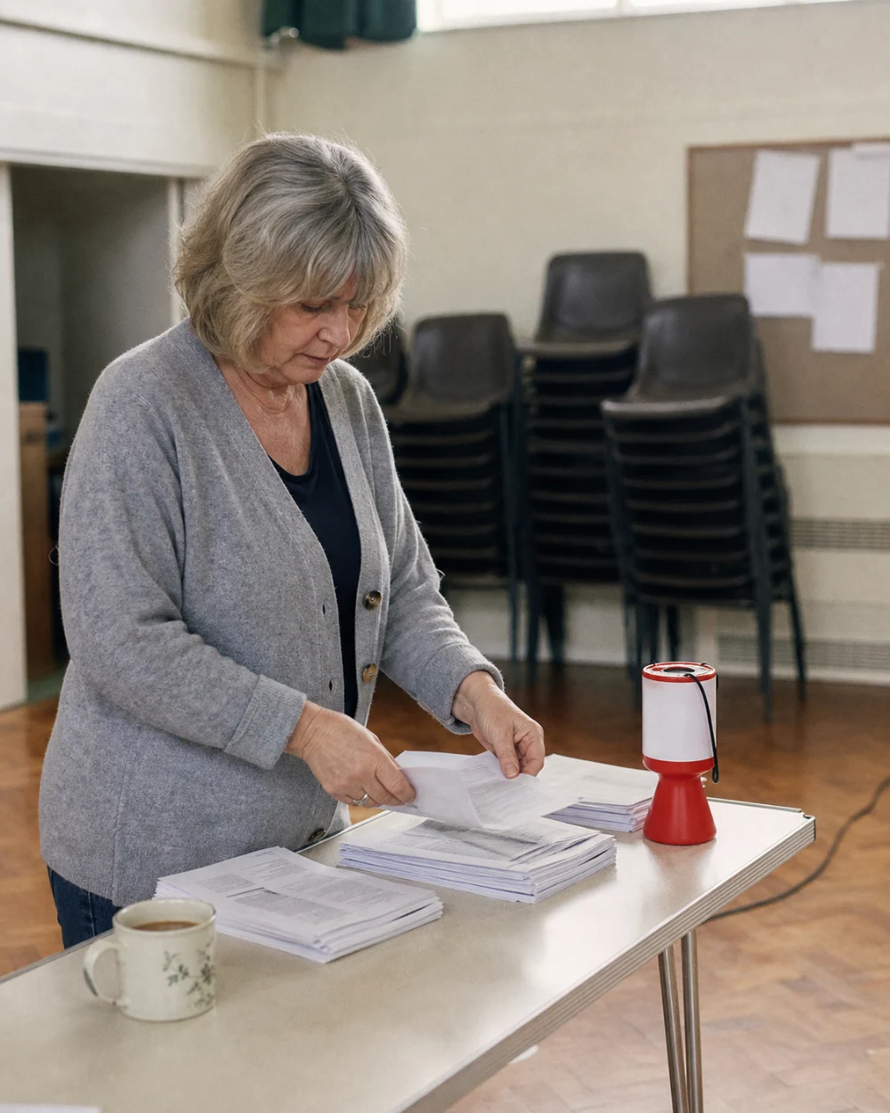 A volunteer coordinator sorting printed sheets into piles at a trestle table in a community hall.