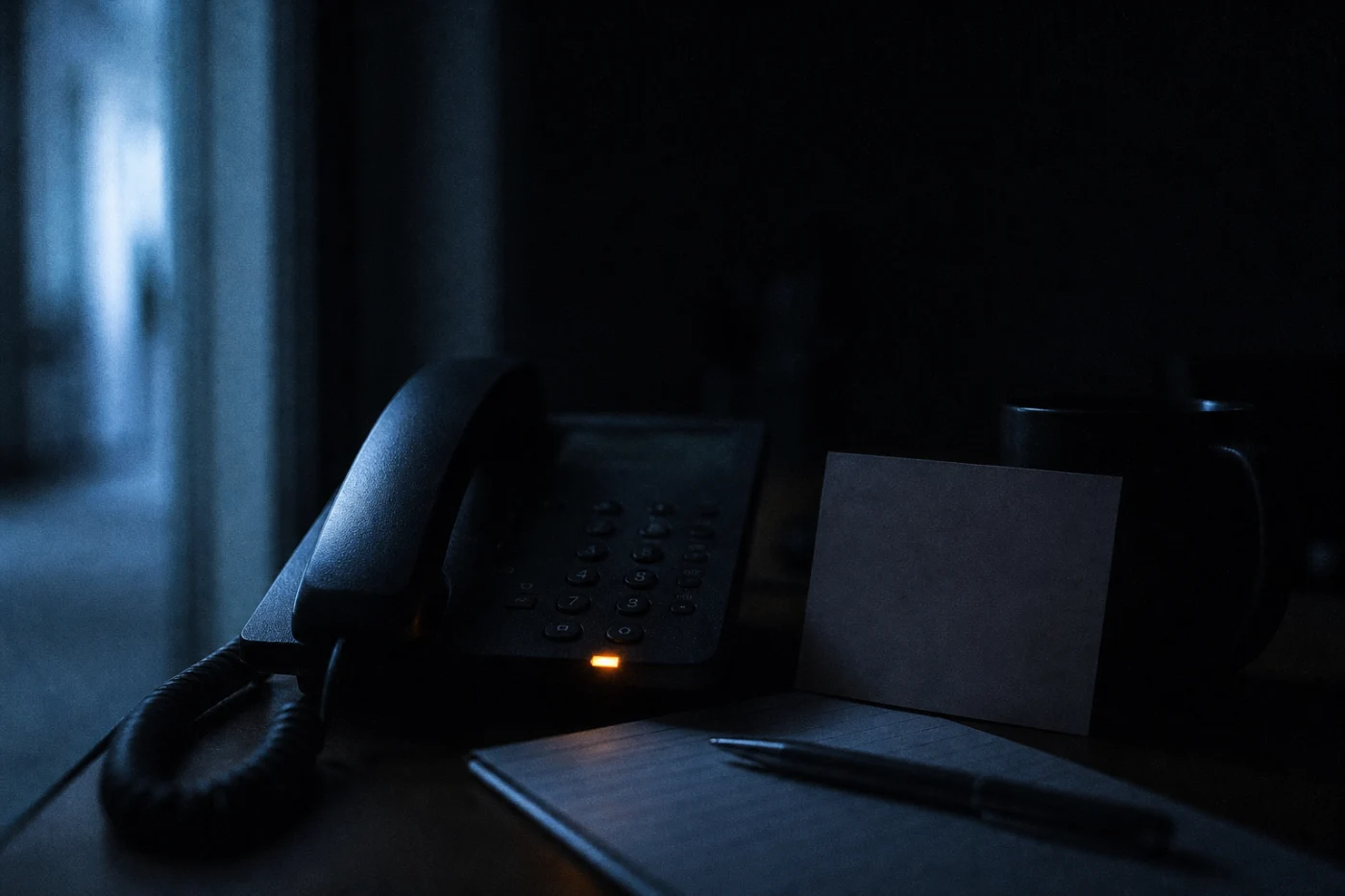 A desk phone in its cradle beside a blank propped card and a notepad, lit only by a cold spill from a corridor.
