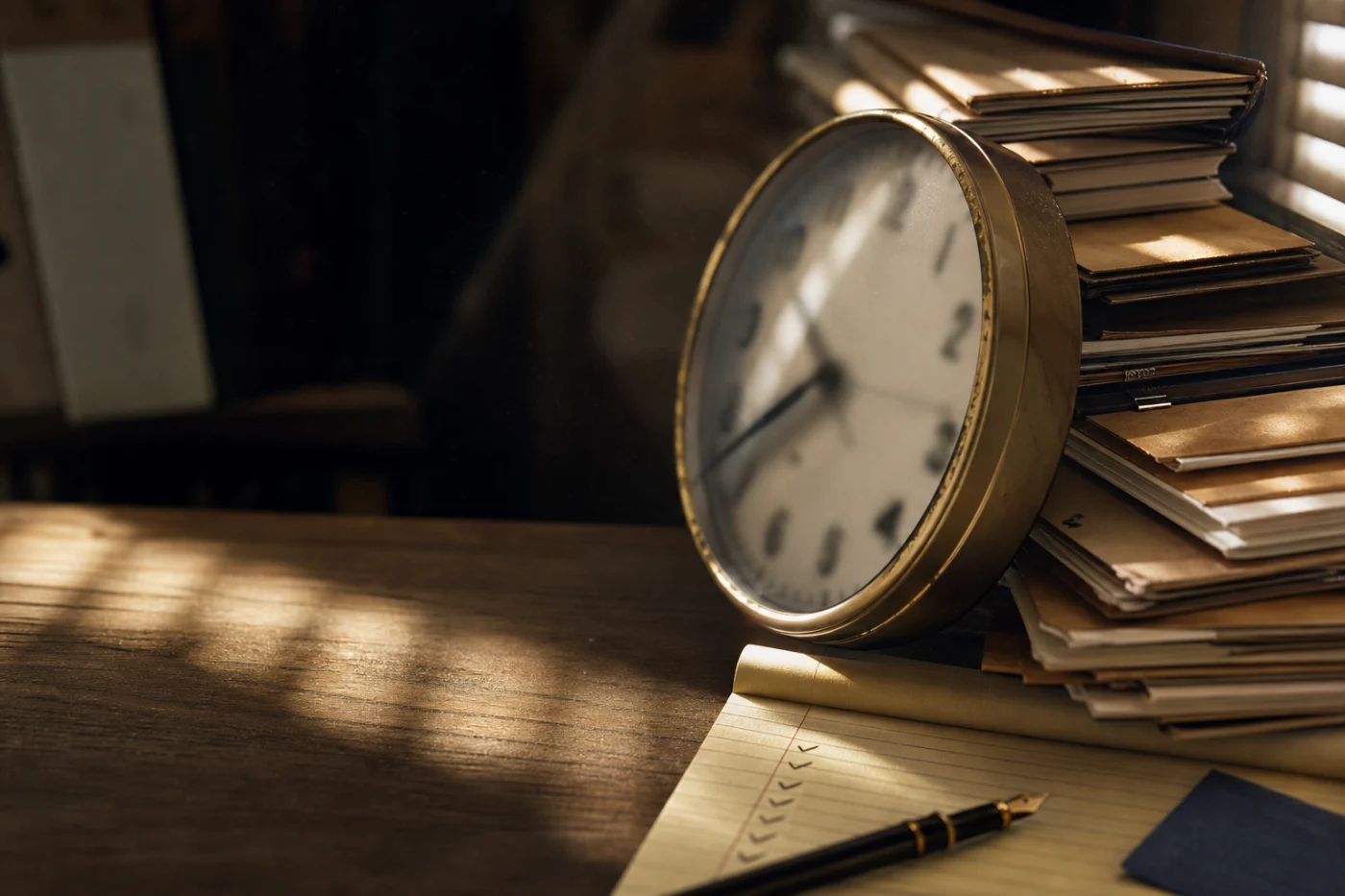 An analogue clock leaning against a stack of manila matter files, striped by light through a slatted blind.