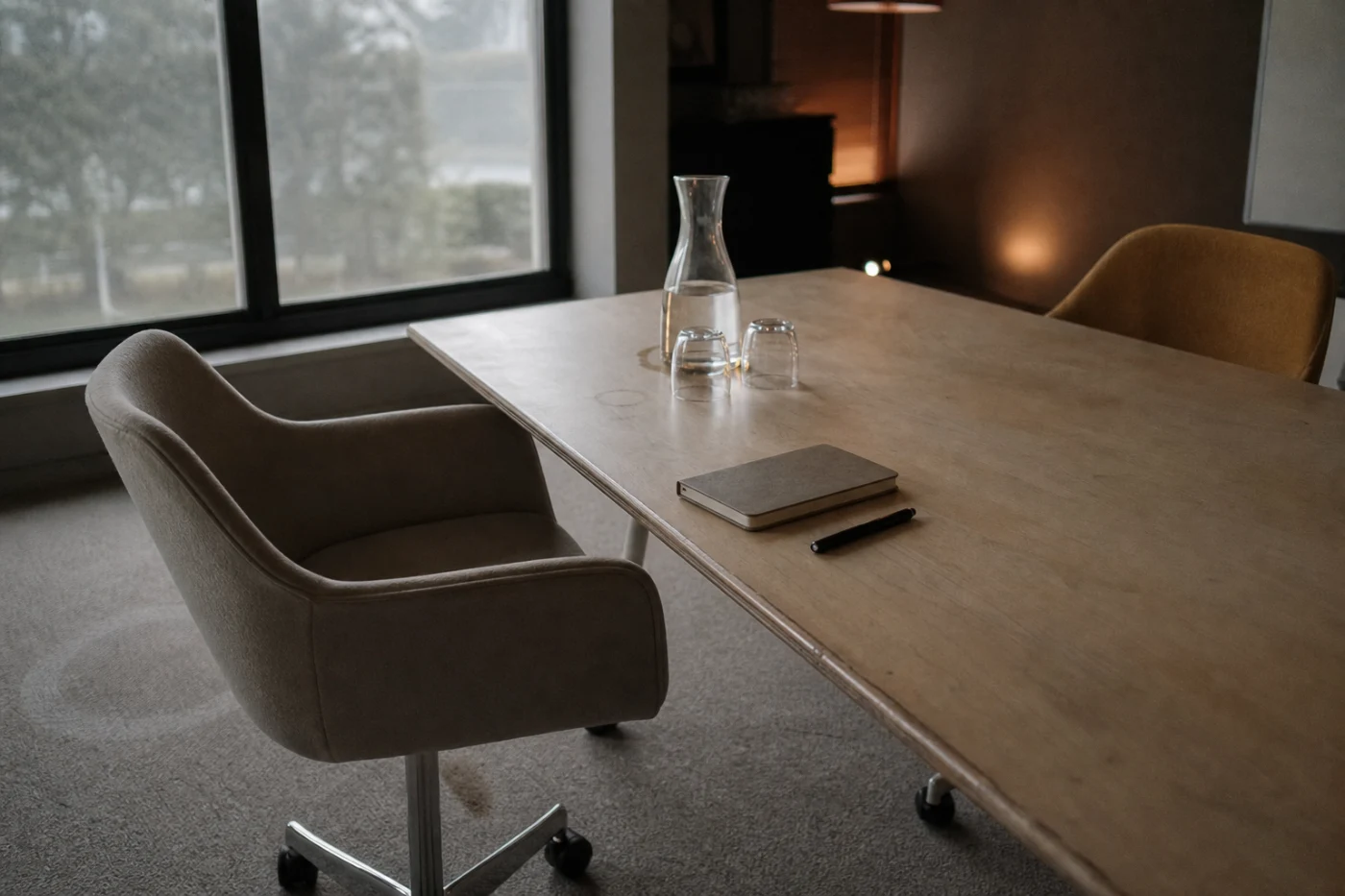 A small meeting room set for two, a closed notebook and pen at one place and a carafe between the chairs.