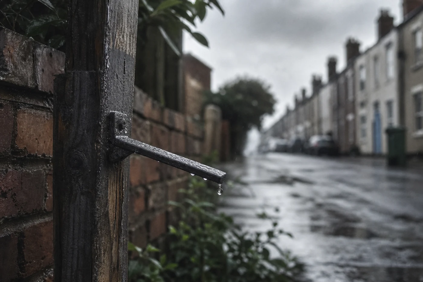 A weathered board post against a wet garden wall in the rain, a terraced street soft behind it.
