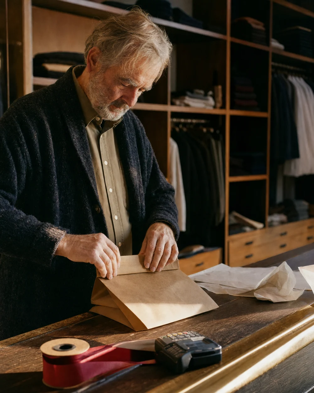 A shopkeeper folding a paper bag behind the counter of an independent boutique.