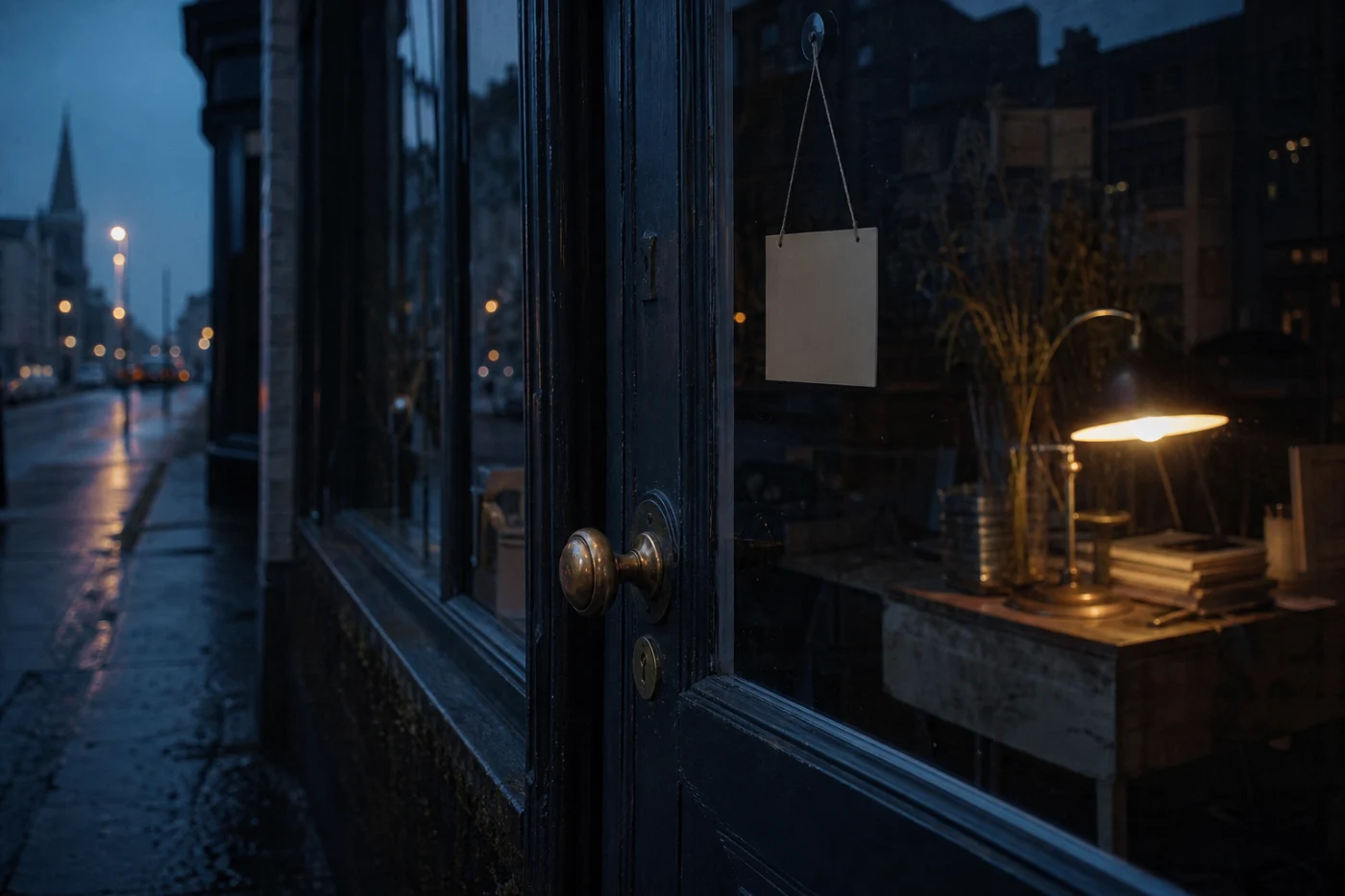 The glazed door of an independent shop at dusk, interior dark but for one display lamp, the street reflected across the glass.