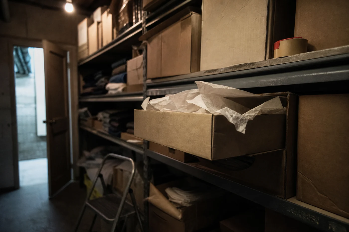 A shop stockroom of metal shelving stacked with plain boxes, one pulled half out with tissue paper spilling from it.