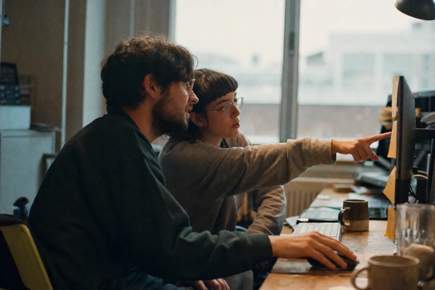 Two colleagues at one desk reviewing something on a single monitor, one pointing mid-sentence.