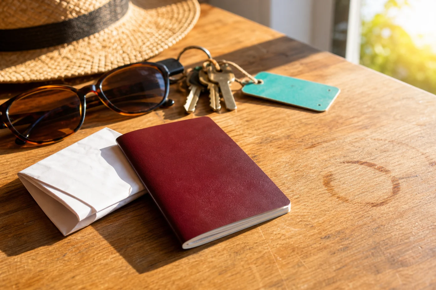 A closed passport on a worn wooden counter beside a folded paper wallet and a set of keys, in hard morning light.