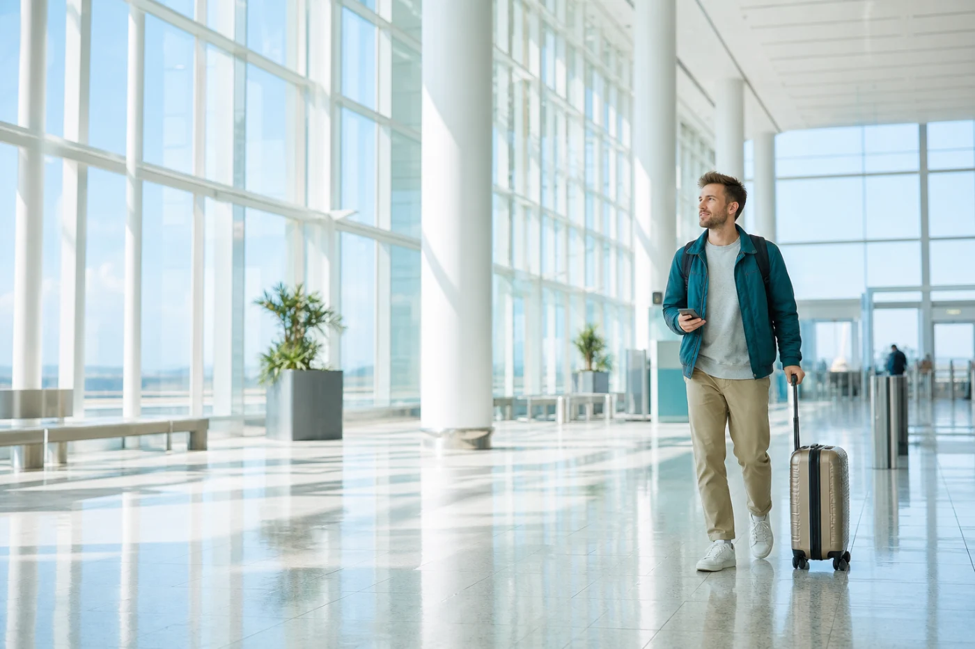A lone traveller with a wheeled case in an empty airport departure hall late at night, face lit by a phone.