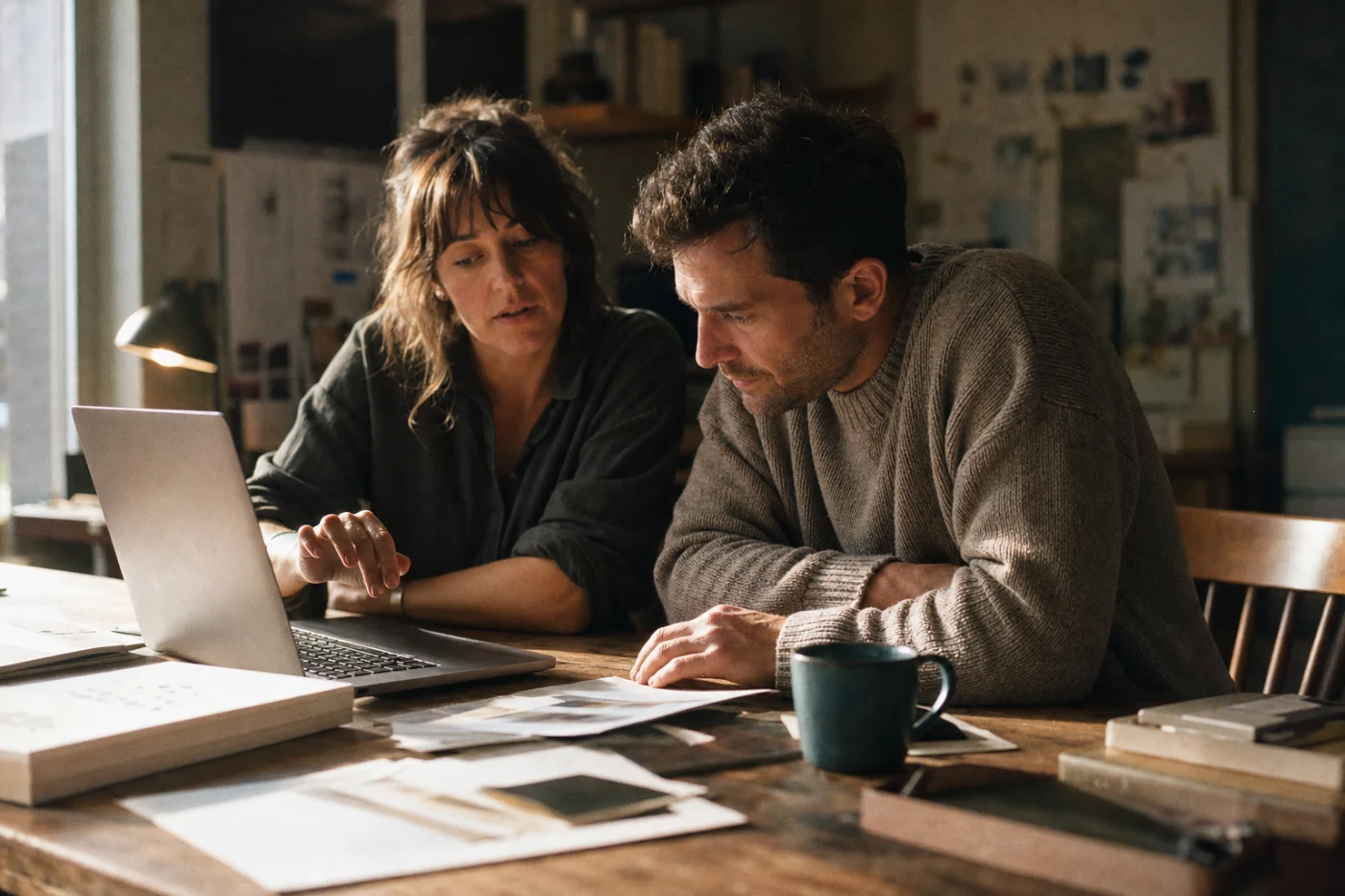 An agency owner turning her laptop toward a client at a shared worktable, walking him through the work.