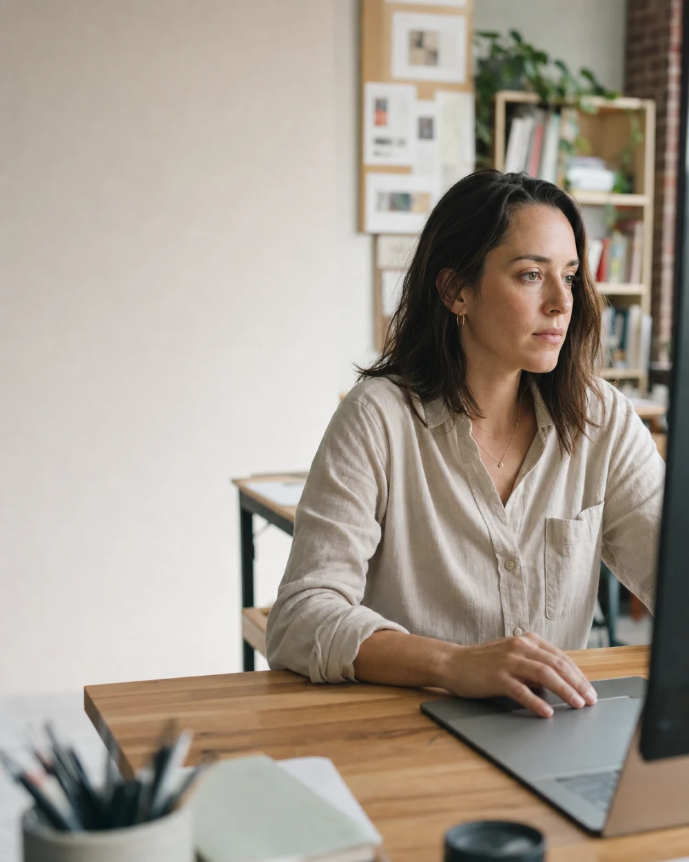 A designer at her desk in a small independent studio, working at a large monitor with focused attention.