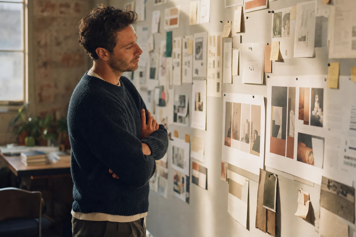 A studio owner standing at a wall of pinned client work, comparing two printed layouts.