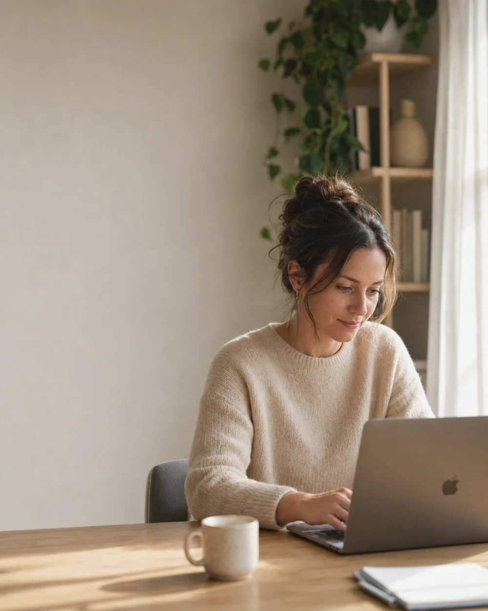 A support specialist working at a laptop in a bright office.